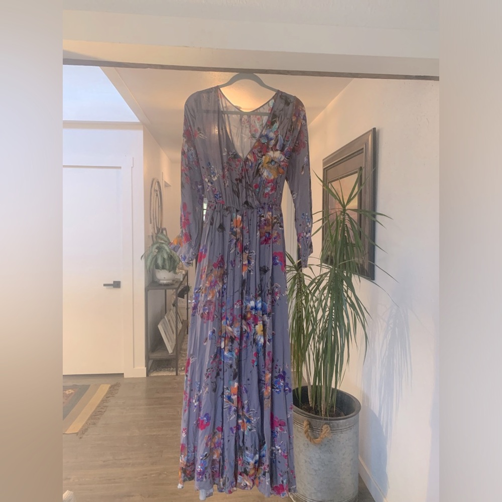 Watercolor Floral Maxi Long Sleeve Faux Wrap Dress Purple Women’s Preloved‎